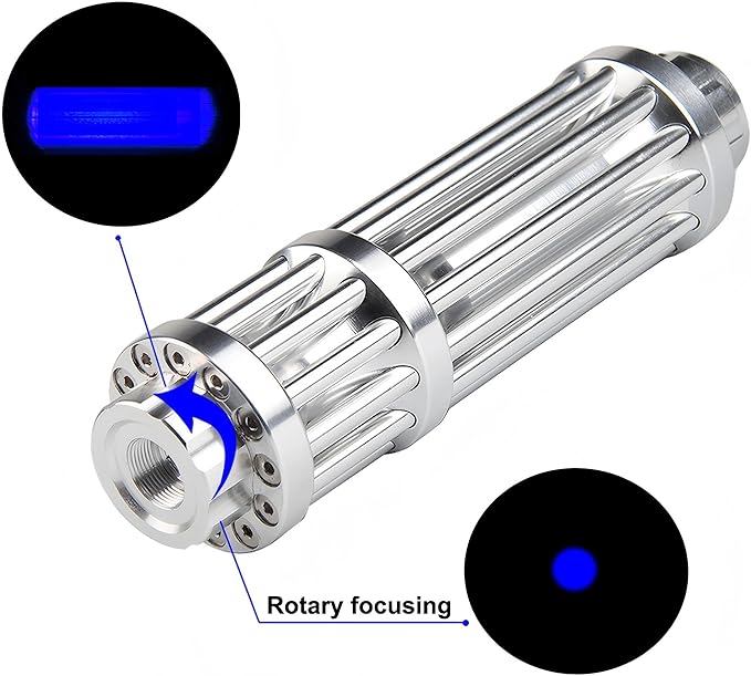 High Power Blue Flashlight, Long Range Powerful Blue Light, Rechargeable Flashlight with 5 Star-Cap for Camping, Hiking, Hunting, Fishing, Silver