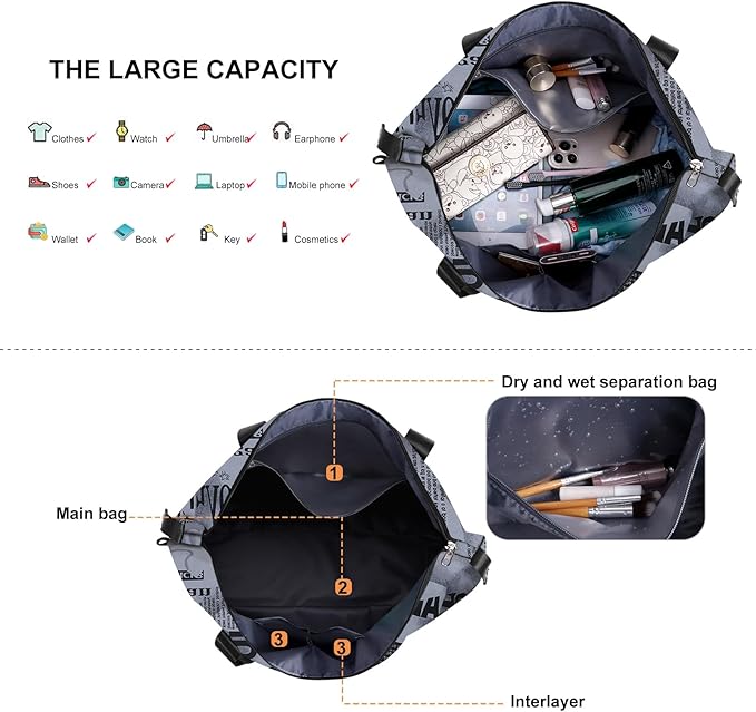 Womens Travel Duffel Bag Lightweight Sport Gym Bag Waterproof Weekender Overnight Bag with Wet and Dry Separation Pocket for Gym Training Yoga Fitness Swimming