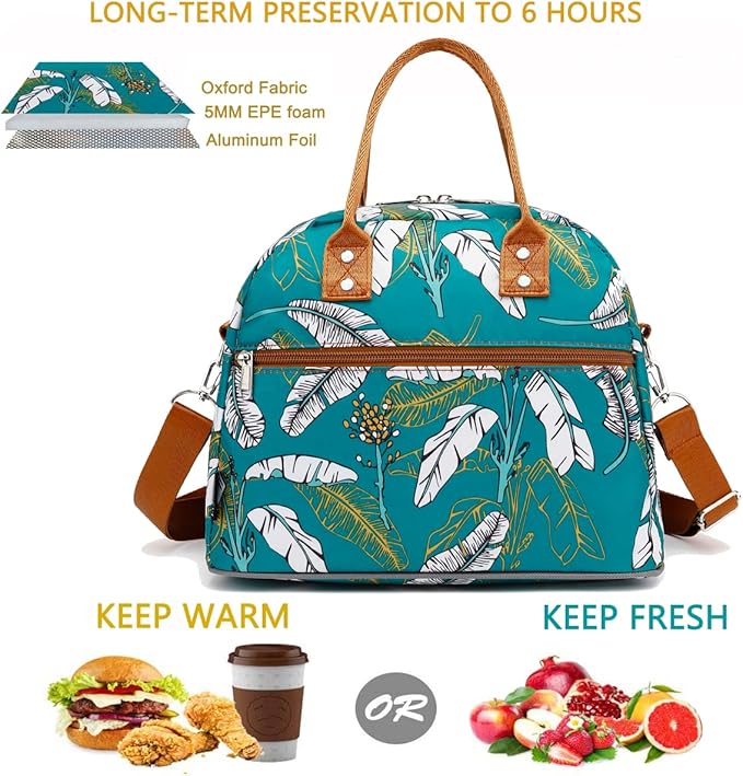 FlowFly Insulated Lunch Bag With Shoulder Strap for Women, Men, and Kids, Large and Reusable, Handle, Freezable Work and School Travel Tote and Meal Prep Organizer, leaves