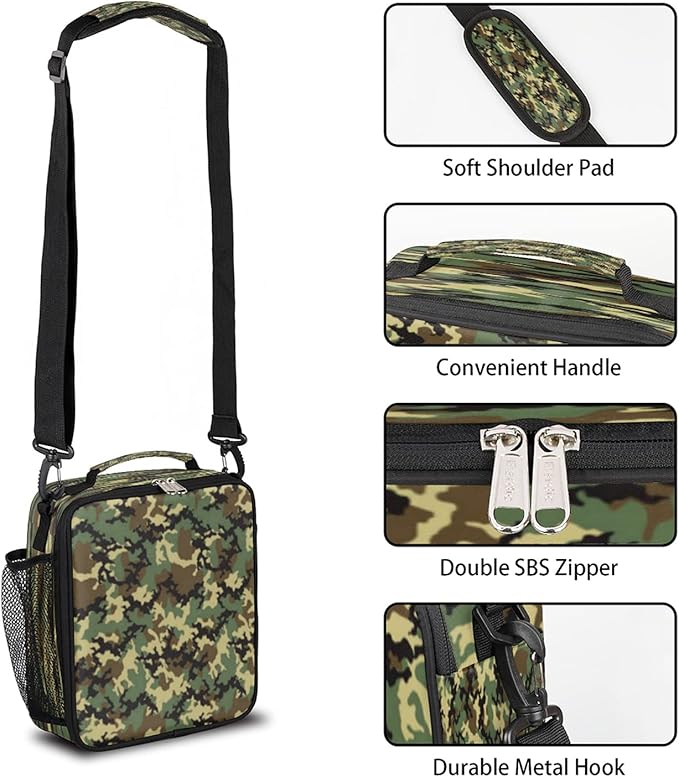 Pardick Camouflage Themed Boys Lunch Bag,Camo Army Green Kids Insulated Lunch Box with Adjustable Shoulder Strap Waterproof Lunch Bento Tote Bag Thermal Lunch Box for School Picnic Travel Outdoor