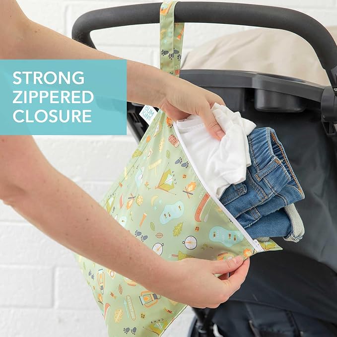 Bumkins Waterproof Wet Bag for Baby, Travel, Swim Suit, Cloth Diapers, Pump Parts, Pool, Beach, Gym Clothes, Toiletry, Hook to Stroller, Daycare, Zipper Reusable Wetdry Packing Pouch, Camp Gear Green