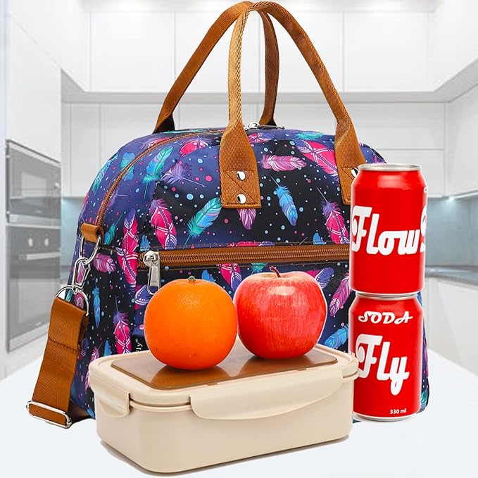 FlowFly Insulated Lunch Bag With Shoulder Strap for Women, Men, and Kids, Large and Reusable, Handle, Freezable Work and School Travel Tote and Meal Prep Organizer,Feather