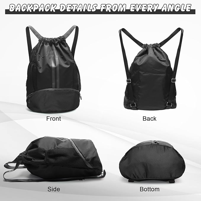 Sports Drawstring Backpack - Waterproof Swim Bag Gym Bag with Shoes Compartment and Dry/Wet Separation Pocket for Women Men Basketball, Sports, Gym, Travel