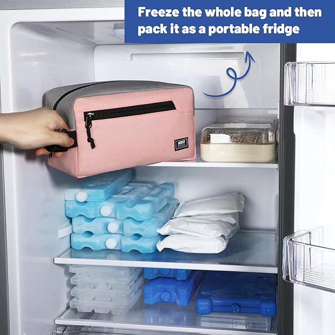 MIER Freezable Snack Bags Small Frozen Mini Cooler Lunch Bag Freezer Insulated Pouch for Kids Adults Work School Travel On-the-go, Pink/Grey