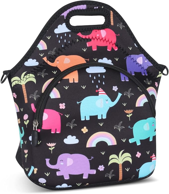 Violet Mist Neoprene Lunch Bag Reusable Insulated Cartoon Elephant Snack Bags, Unisex, 12.6"L x 11.8"H x 6.3"W, Non-Toxic, Eco-Friendly, Durable, Adjustable Shoulder Strap