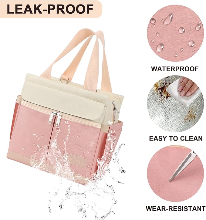 Joymee Lunch Box for Women Insulated Lunch Bag with Shoulder Strap Reusable Leakproof Large Spacious Lunch Cooler Tote for Women Adult with Bottle Holder and Side Pockets for Work Picnic - Pink