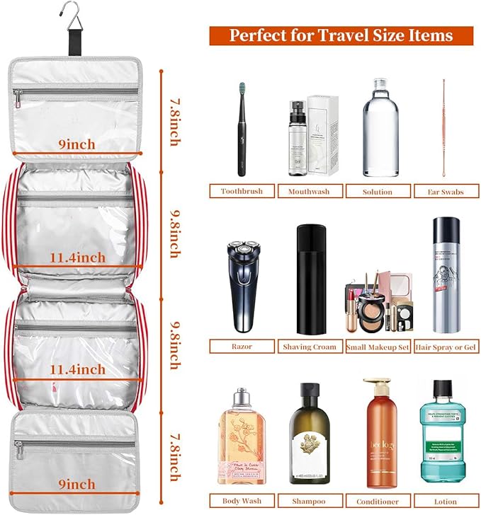 Hanging Travel Toiletry Bag,Large Capacity Cosmetic Travel Toiletry Organizer for Women with 4 Compartments & 1 Sturdy Hook,Perfect for Travel/Daily Use/Christmas