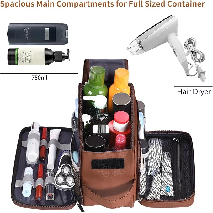 Buruis Extra Large Toiletry Bag for Men, Travel Toiletry Organizer Dopp Kit Water-resistant Shaving Bags, PU Leather Cosmetic Bathroom Shower Bag for Toiletries, Grooming, Accessories (Brown)