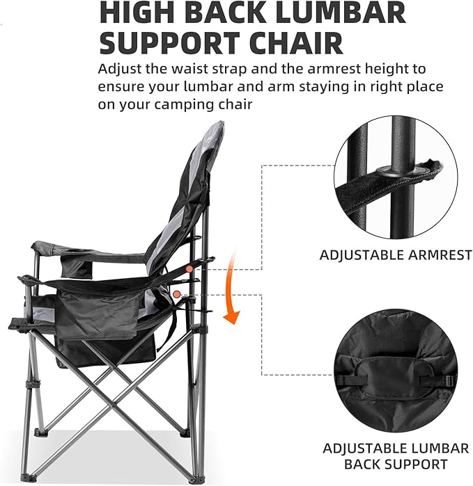2 Pack Folding Camping Chairs for Adults - High Back Padded Outdoor Lawn Chairs with Lumbar Support & Cup Holder, 400lbs Heavy Duty Portable Camping Chairs Set (Black & Light Gray)