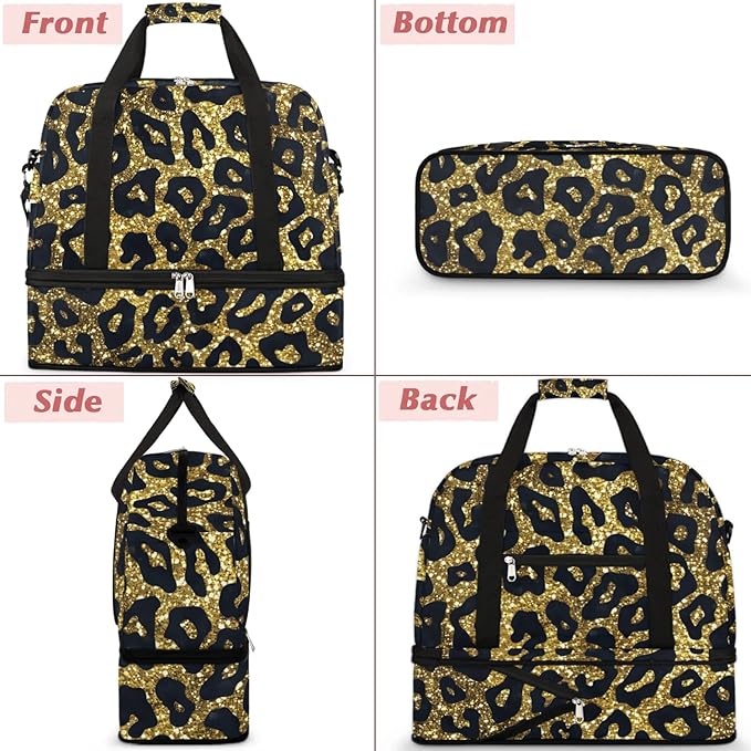 cfpolar Woman Travel Duffel Bag Gold Sequin Leopard Print Foldable Tote Carry On Luggage Sports Gym Bag With Shoe Compartment Overnight Weekend Yoga Workout Bag Training Handbag