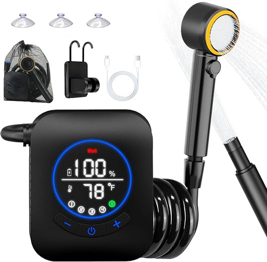 Upgraded 8000mAh & 5 Speed Portable Shower for Camping, LCD Display Rechargeable Camping Shower Head with 4 Spray Modes, IPX8 Waterproof Pocket Outdoor Shower Pump for Hiking, Travel, Car, Pet