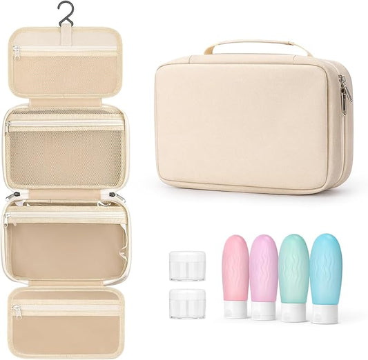 Toiletry bag for women with travel size containers set, hanging toiletry bag for full Size toiletries, Skincare, Shampoo, Makeup Cosmetic Bag Travel Organizer, Water-resistant toiletry bag