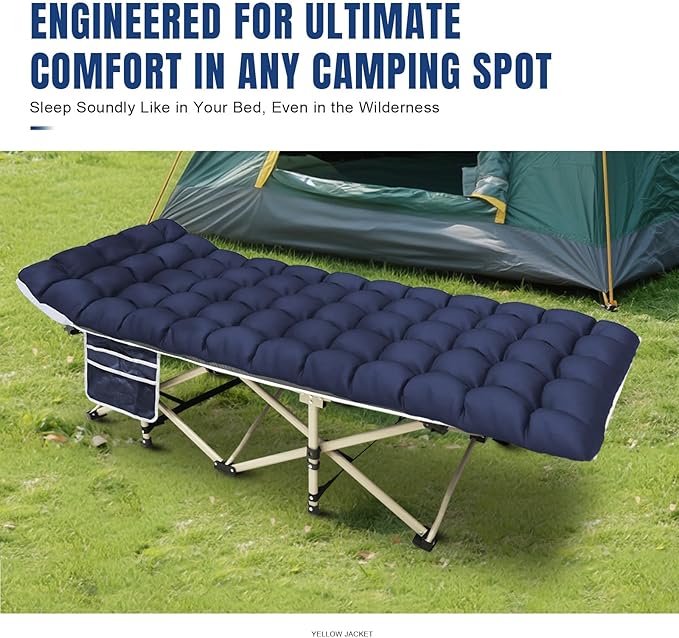 YELLOW JACKET Camping Cot with Mattress for Adults, Folding Sleeping Cot 600lbs Max Load, Portable Camping Cot with Carry Bag, 28" Wide Cot for Camping, Home,Office,Travel (Blue)