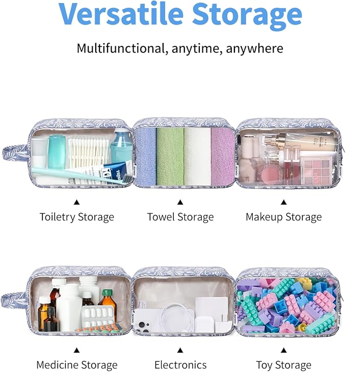 Narwey Clear Makeup Bag Cosmetic Bag with Zipper for Travel, Clear Toiletry Bags for Traveling Toiletries Women Men, Make Up Pouch with Handle, Skincare Bag (Blue Leaf)