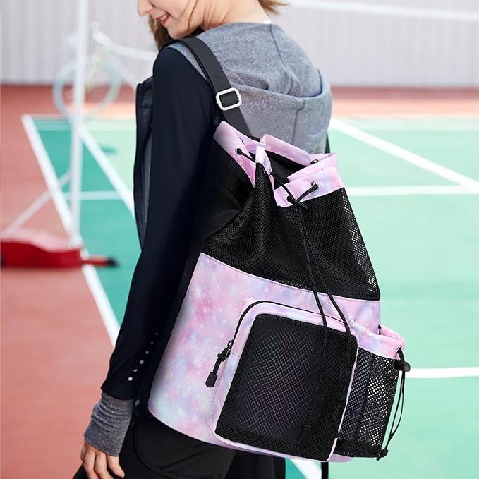 Lohol Large Mesh Drawstring Backpack with Shoe Bag, Durable Swimming String Sack with Handle for Sports Gym Yoga Beach Travel