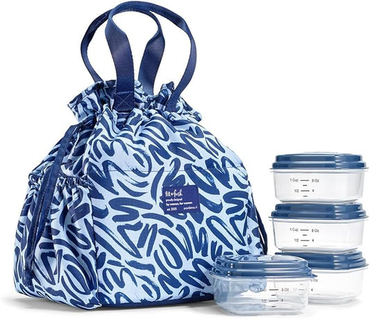 Fit & Fresh Lunch Bag For Women, Insulated Womens Lunch Bag For Work, Stain-Resistant Large Lunch Box For Women With Containers, Cinch Closure Cromwell Bag Navy Brush Strokes