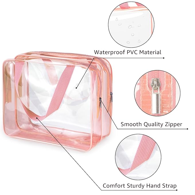 2Pcs Crystal Clear PVC Travel Toiletry Bag Kit for Women Men, Waterproof Vinyl Organizer Clear Makeup Bags with Zipper, Cosmetic Bag Pouch Carry on Airport Airline Compliant Bag Handbag (Double Layer)