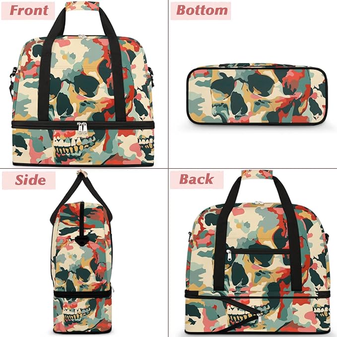 cfpolar Woman Travel Duffel Bag Camo Skull Foldable Tote Carry On Luggage Sports Gym Bag With Shoe Compartment Overnight Weekend Yoga Workout Bag Training Handbag