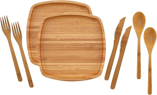 BambooMN Camping Mess Kit Lightweight Organic 8" x 8" Bamboo Plates, Forks, Knifes and Spoons for Camping, Hiking, or Backpacking - 10 Sets