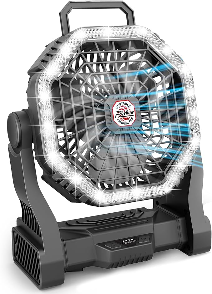 Roykaw Portable Camping Fan with 10400 mAh Rechargeable Battery, 36 Hrs Work, Ultra-bright LED Light & Cordless, Fit for Tent, Fishing, Bedroom, Office, Hurricane