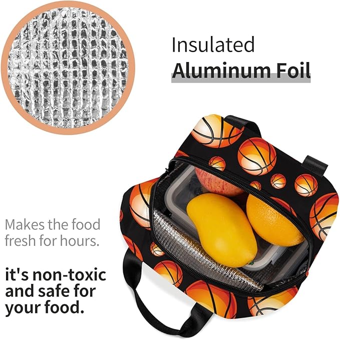 VOOHDDY Fun Basketball Ball Insulated Lunch Bag For Men Women Reusable Lunch Box Container Waterproof Portable Cooler Thermal Tote Bag For Work Office Picnic Beach Travel