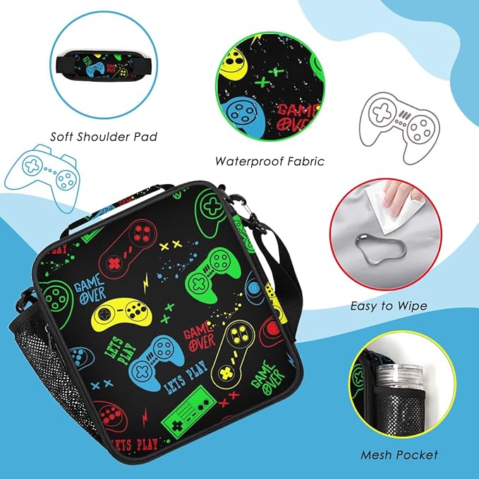 Insulated Lunch Bag for Boys - Reusable Lunch Box Water-Resistant Thermal Cooler Meal Tote Bag with Water Bottle Holder for School Picnic Travel (Colorful Video Game)