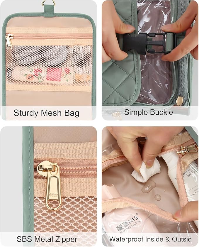 Relavel Travel Toiletry Bag for women with Detachable TSA Approved Toiletry Bag, Compact Hanging toiletry bag with Small Carry On 3-1-1 Clear Waterproof Travel Bags for Toiletries (Green, A Small)