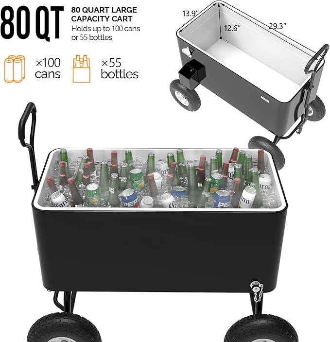 VINGLI 80 Quart Wagon Rolling Cooler Ice Chest, w/Long Handle and 10" Wheels, Portable Beach Patio Party Bar Cold Drink Beverage, Outdoor Park Cart on Wheels