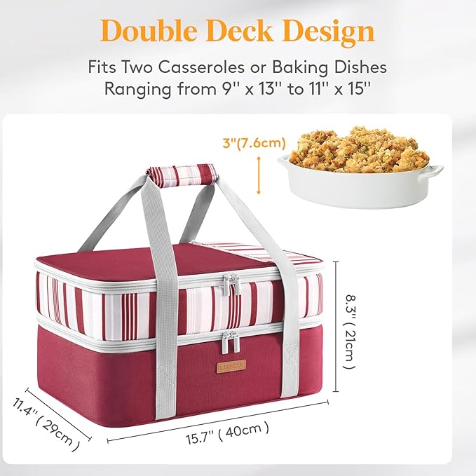 Double Decker Insulated Casserole Carrier for Hot or Cold Food, Lasagna Lugger Tote for Potluck Parties/Picnic/Cookouts, Fits 9"×13" Baking Dish, Red