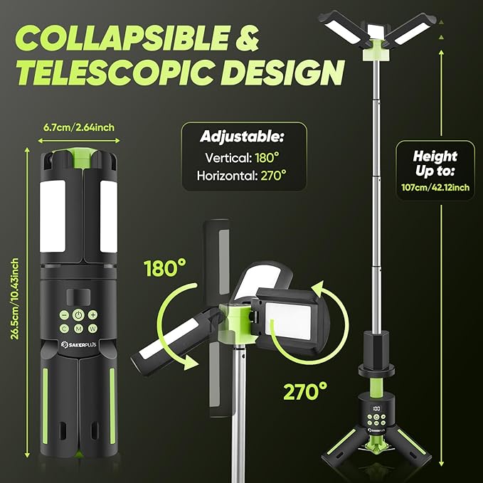 Telescopic Camping Lights with Stand, 5000LM Rechargeable LED Flashlight, 9 Color Modes, Collapsible Tent Lantern with Reflective Strips, Magnetic Base for Power Outages, Camping & Emergency