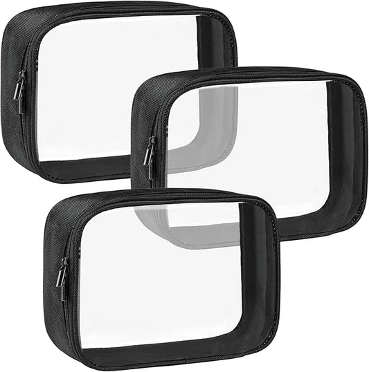 Moyad TSA Approved Clear Toiletry Bag, 3 Pack Quart Size 3-1-1 Liquids Pouch for Travel, Transparent Makeup & Cosmetic Organizer for Women Men, Black