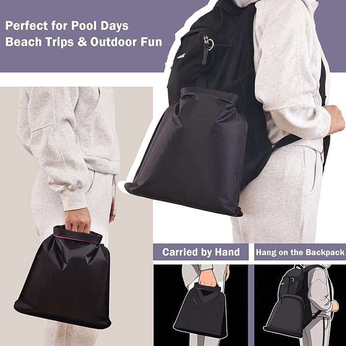 Waterproof Wet Bag for Swimsuit, Black Swim Bag for Beach Vacation Wet Clothes, Dry Bag for Camping Kayaking Boat Travel, Soap Travel Case, Black Band