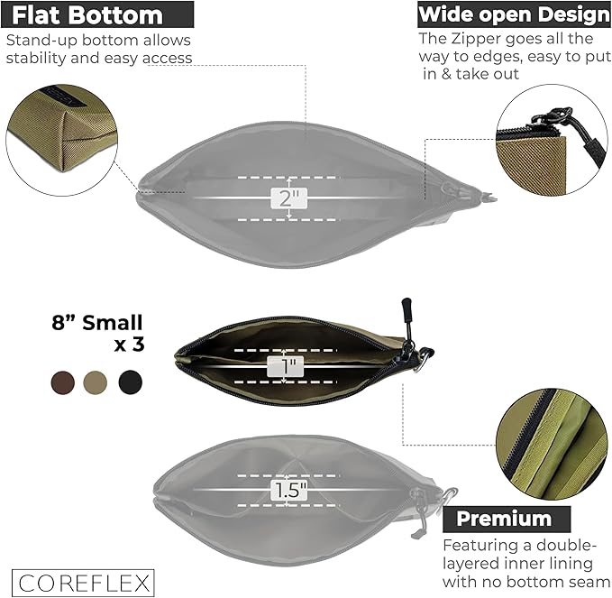 COREFLEX Premium Tool Pouch Zipper Bag, Small Tool Bag, Multipurpose Storage pouch, Heavy duty Flat Bottom Tool bag with YKK Zipper (3 pack Small 8inch)