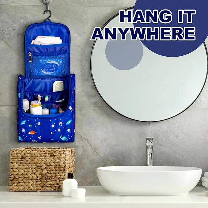 Cute Cartoon Hanging Kids Toiletry Bag Children Travel Cosmetic Makeup Organizer Wash Bag Shower bag Over Night Bag Camping Shaving Kit Bag for Boys & Girls (Astronaut)