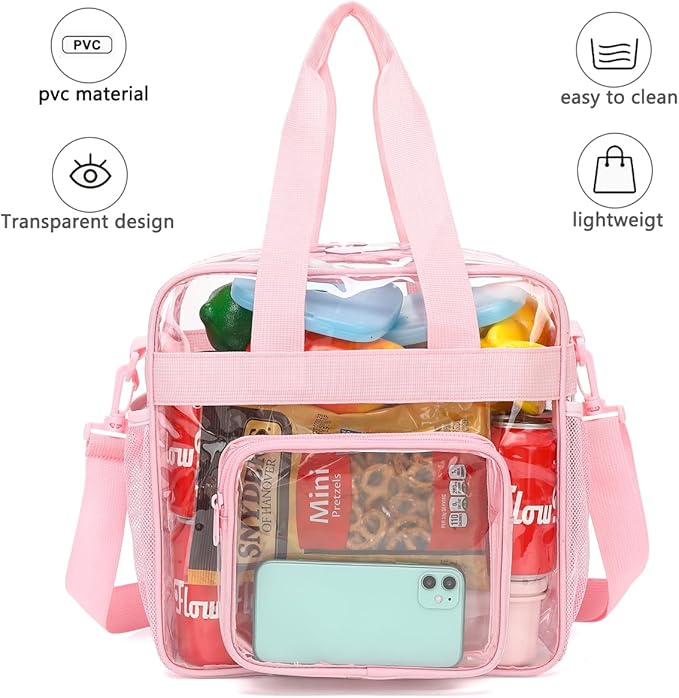FlowFly Clear Bag for Stadium Events With Shoulder Strap for Women, Men, Large and Reusable Lunch Container, Work and Sporting Events, Travel 12x6x12 Clear Tote Bag, Clear#Pink