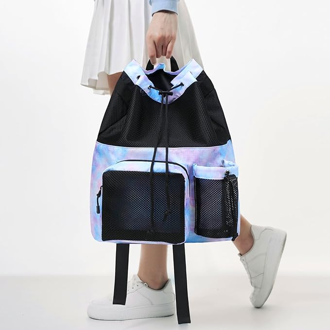 Lohol Large Mesh Drawstring Backpack with Shoe Bag, Durable Swimming String Sack with Handle for Sports Gym Yoga Beach Travel