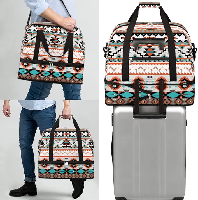 Ethnic Aztec Geometric Foldable Travel Duffel Bag Sports Tote Gym Bag With Shoe Compartment For Woman Man Carry On Luggage Overnight Travel Weekend Yoga Workout Bag Training Handbag