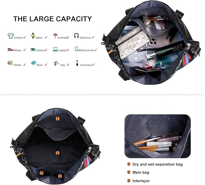 Womens Travel Duffel Bag Lightweight Sport Gym Bag Waterproof Weekender Overnight Bag with Wet and Dry Separation Pocket for Gym Training Yoga Fitness Swimming