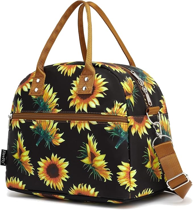 FlowFly Insulated Lunch Bag With Shoulder Strap for Women, Men, and Kids, Large and Reusable, Handle, Freezable Work and School Travel Tote and Meal Prep Organizer,Sunflower