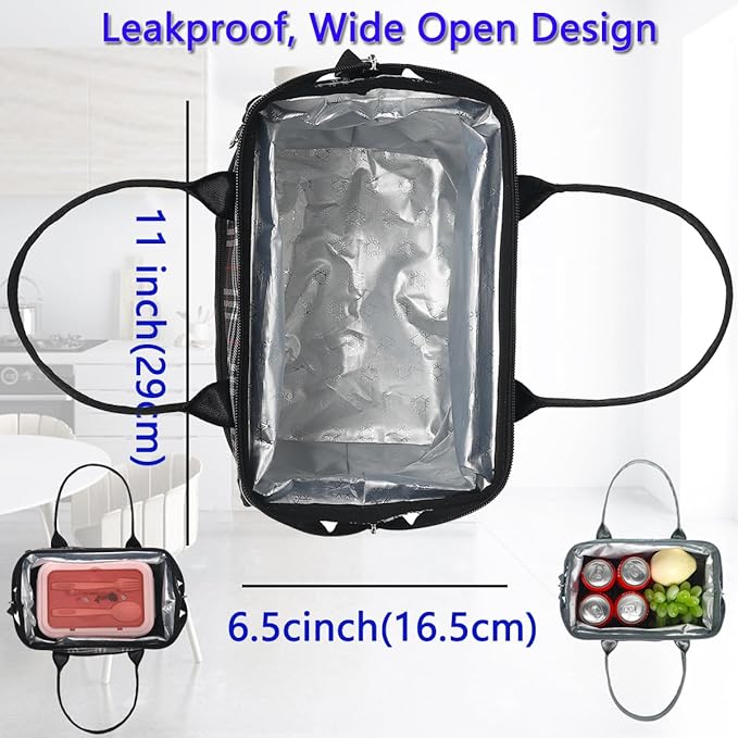 FlowFly Insulated Lunch Bag for Women, Men, Large and Reusable, Handle, Work and Travel Tote and Meal Prep Organizer, Black and white checkerboard