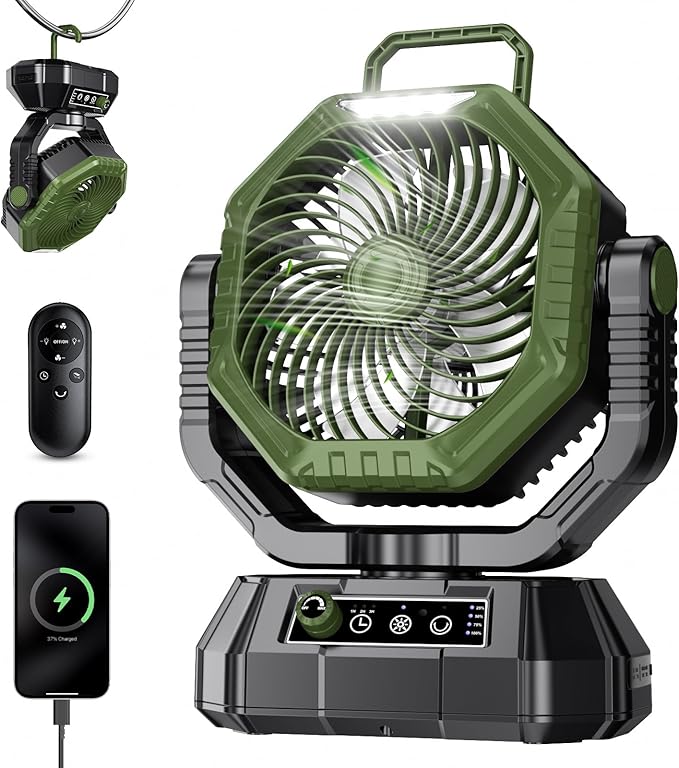 AJVV Camping Fan Rechargeable, Battery Powered Fan With Remote Controller, LED Light, Dual-Blade, Stepless Speed, 45°/90°/270° Swing,Timer, Portable fan For Travel Tent Bedroom Beach Fishing, Green
