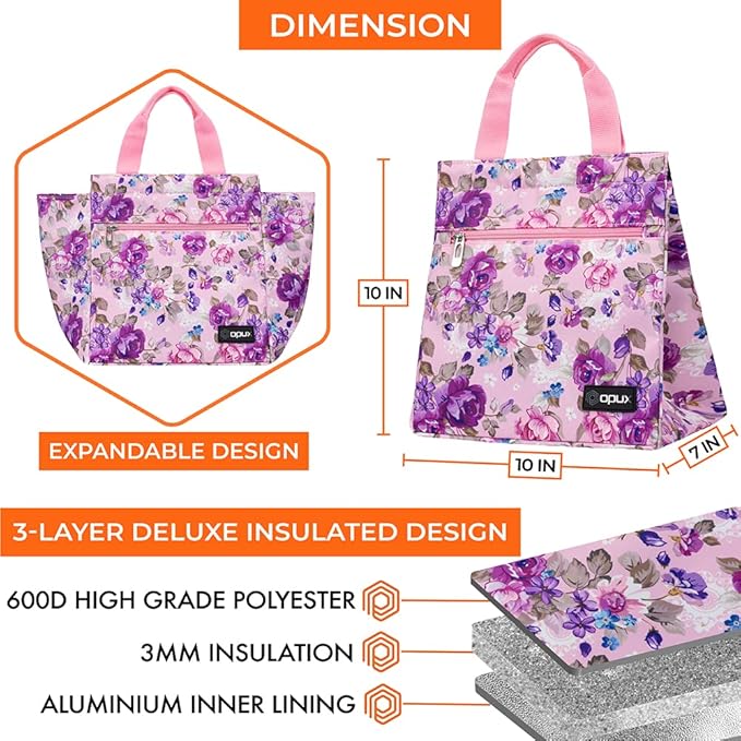 opux Lunch Bag for Women, Insulated Lunch Box Tote for Girls Kids Adult School Work, Reusable Womens Lunch Tote for Office Travel, Cute Small Lunch Tote, Fits 12 Cans - Pink Floral Purple