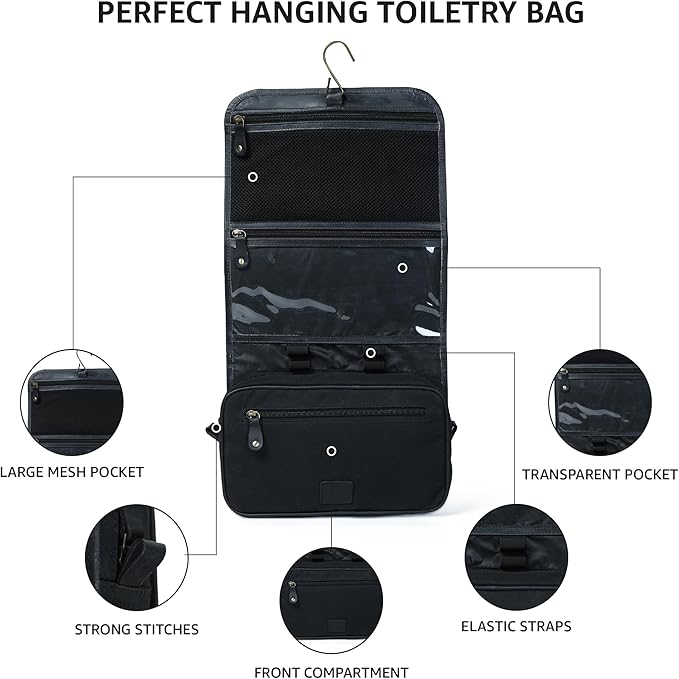 LEATHER VILLAGE Hanging Toiletry Bag for Men & Women, Handcrafted Vintage Cosmetic & Shaving Organizer Travel Dopp Kit- Black