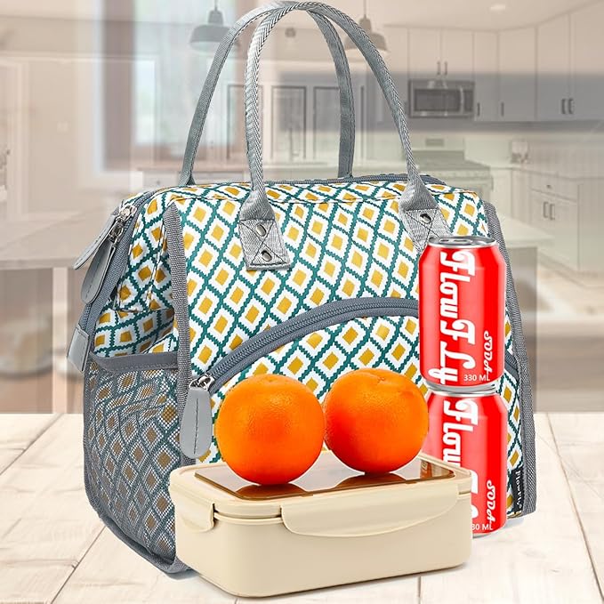 FlowFly Insulated Lunch Bag for Women, Men, Large and Reusable, Handle, Work and Travel Tote and Meal Prep Organizer, Square