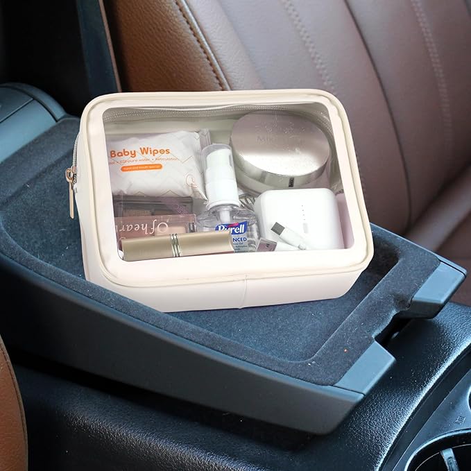 PACKISM TSA Approved Toiletry Bag - Upgrade Color-Edged Clear Makeup Bag, Unique Appearance, 2 Pack Clear Travel Bags Hold Lots of Items Also Great for Organizing Car Console, Beige (2 Sizes)