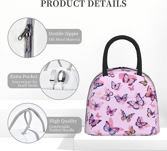 Pink Butterfly Lunch Bag Lunch Box for Women Men Boys Girls, Reusable Insulated Lunch Tote Bag, Leakproof Thermal Cooler Sack Food Handbags High Capacity for Work School Picnic Camping Gifts