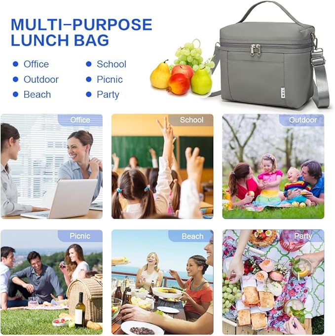 NOL Natural Organic Lifestyle Insulated Lunch Bags for Women Cooler Bag Lightweight Nylon Waterproof Lunch Box For Work (Cool gray, Medium(normal))