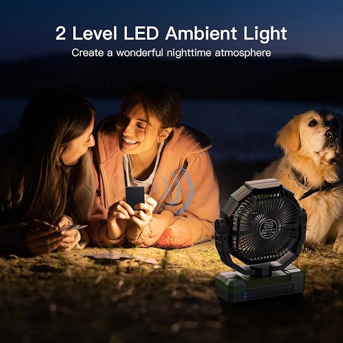 FRIZCOL 3-in-1 Camping Fan - Portable Fans Rechargeable - 24000mAh Battery Powered Fan(140Hrs) with Light & Remote for Indoor, Outdoor, Tent, Travel, BBQ, Fishing, Jobsite - Green