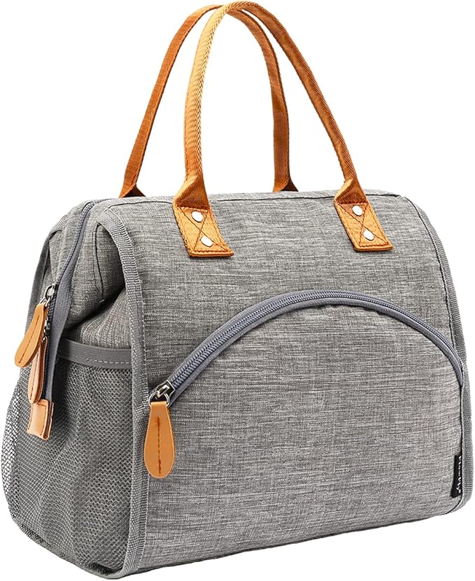 FlowFly Insulated Lunch Bag Wide-Open Lunch Box Large Tote Leakproof Cooler with Drink Holder and Multi Pockets for Women Men Adult Kids Work Picnic Travel Beach Hiking, Grey