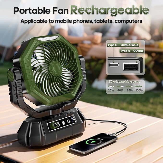 AJVV Camping Fan Rechargeable, Battery Powered Fan With Remote Controller, LED Light, Dual-Blade, Stepless Speed, 45°/90°/270° Swing,Timer, Portable fan For Travel Tent Bedroom Beach Fishing, Green